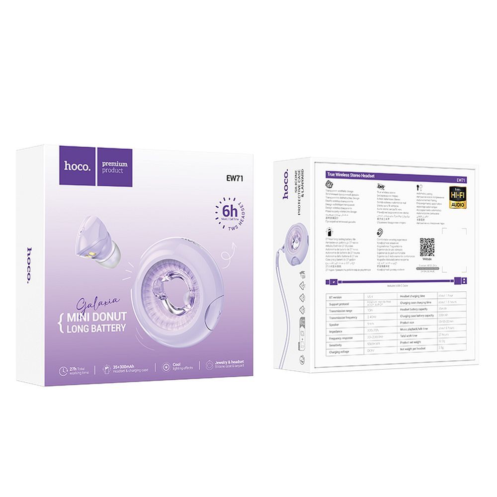 Słuchawki bezprzewodowe douszne Hoco TWS EW71 fioletowe