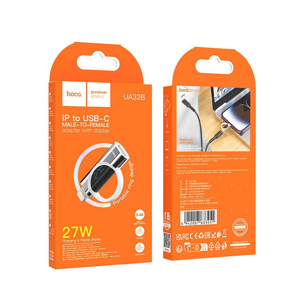 Adapter Lightning do USB C Hoco PD 2,4A 27W z wyświetlaczem UA32B srebrny