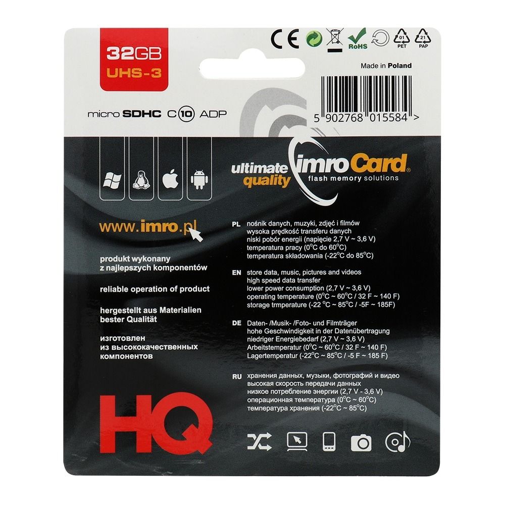 IMRO karta pamięci microSD 32GB 100MB/s class 10 UHS 3 z adapterem SD