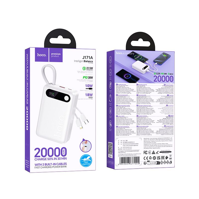 Powerbank Hoco 20000 mAh QC PD 2A 22,5W with built-in cables USB C + Lightning J171A white