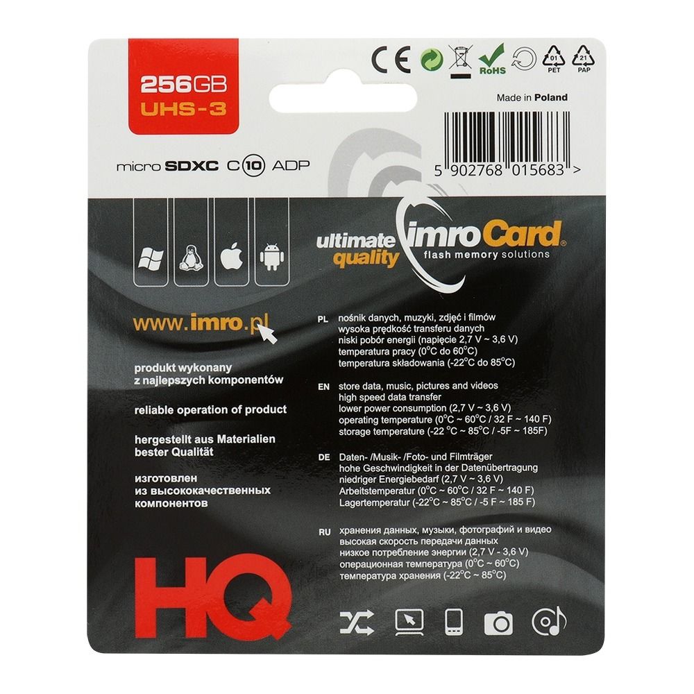 IMRO karta pamięci microSD 256GB 100MB/s class 10 UHS 3 z adapterem SD