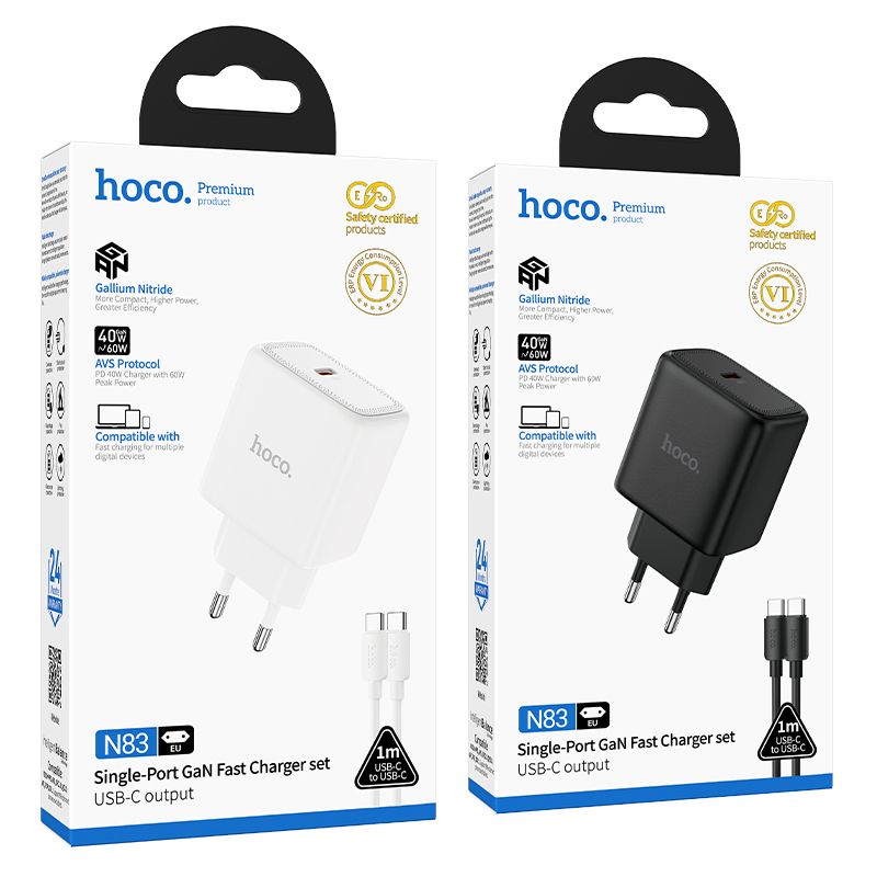 Phone GaN charger Hoco USB C PD AVS 40W max 60W with USB C to USB C cable N83 white