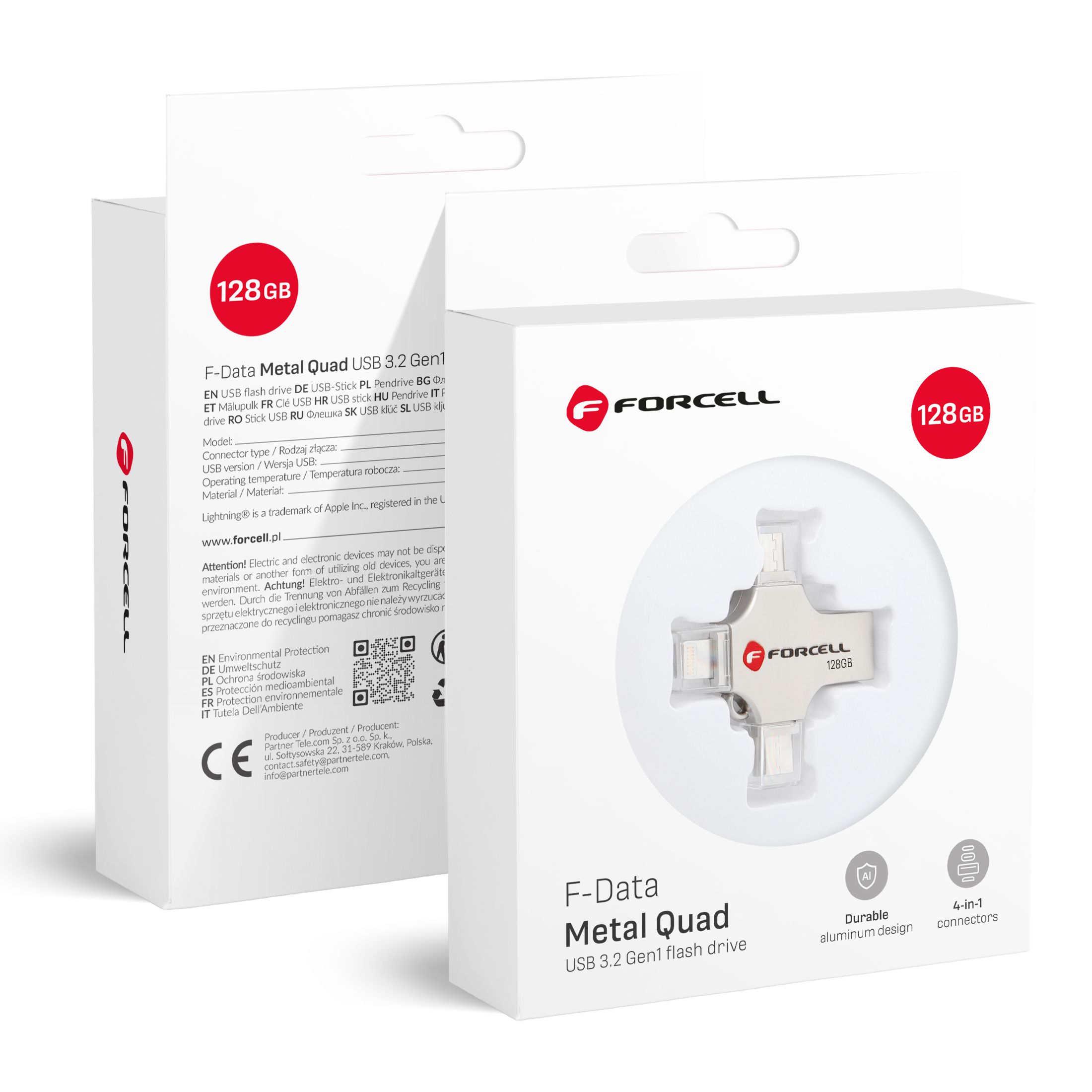 Pendrive 128GB USB 3.2 Gen 1 (USB A / USB C / Lightning / Micro USB) Forcell F-Data Metal Quad silver