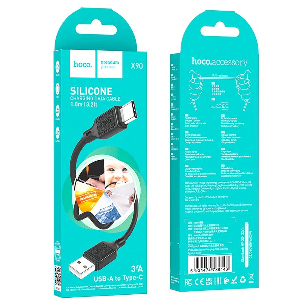 Hoco USB-A–USB-C kábel, 3 A, 1 m, X90, fekete