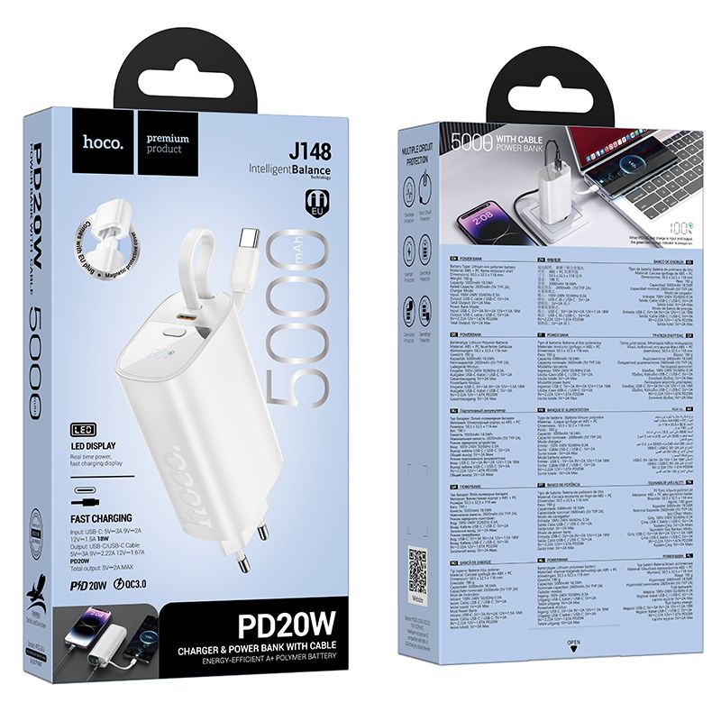 Powerbank 5000 mAh QC PD 20W 2A with built-in cable USB C Hoco J148 white