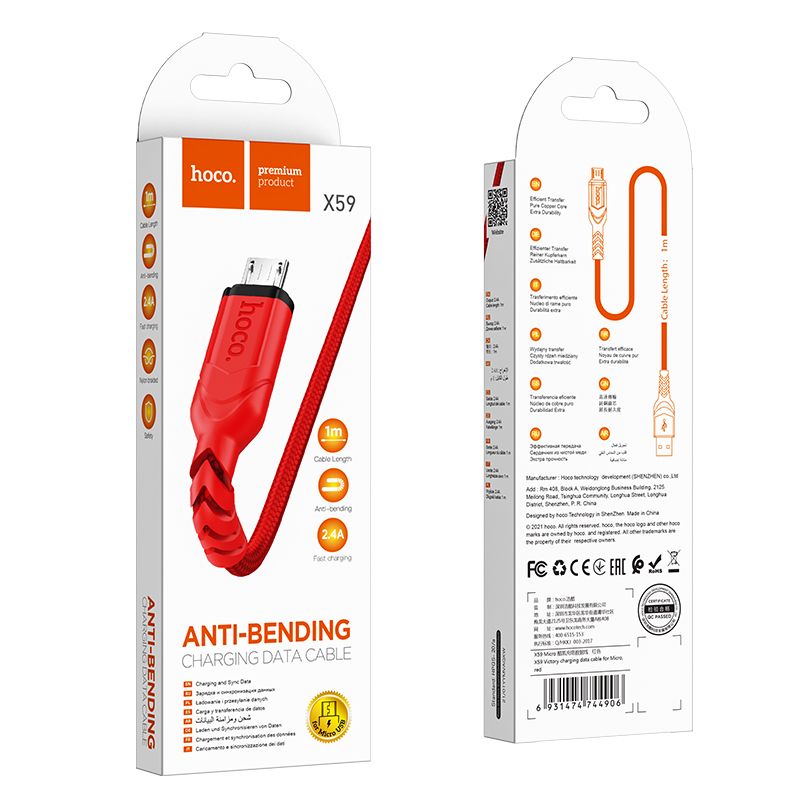 Kabel USB A do Micro USB Hoco 2,4A 1 m X59 czerwony