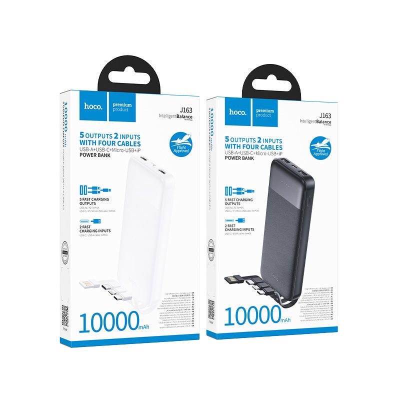 Powerbank Hoco 10000 mAh 2A with four built-in cables USB A + USB C+ Lightning + Micro USB J163 white