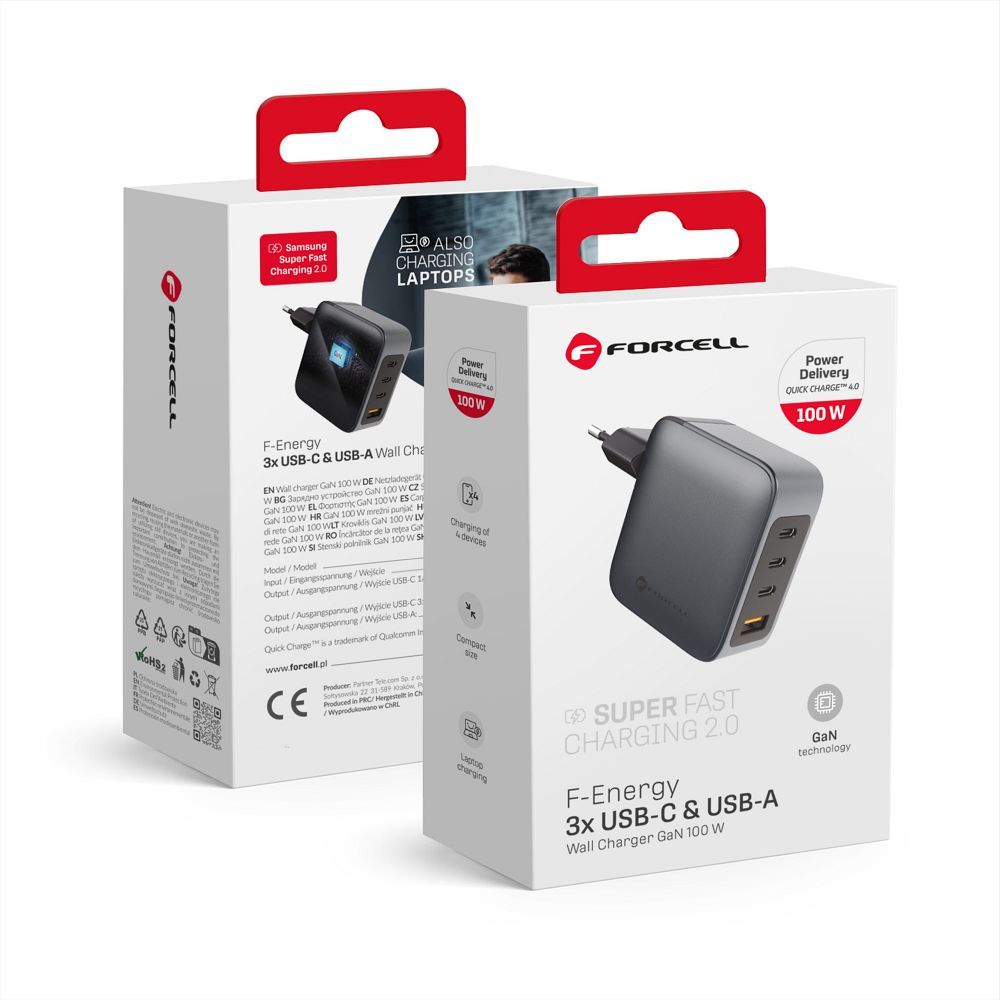 FORCELL F-ENERGY GaN VT-46 utazótöltő, 3 x Type-C + USB-A, PD, QC 4.0, 5 A, 100 W, PD-kompatibilis, szürke