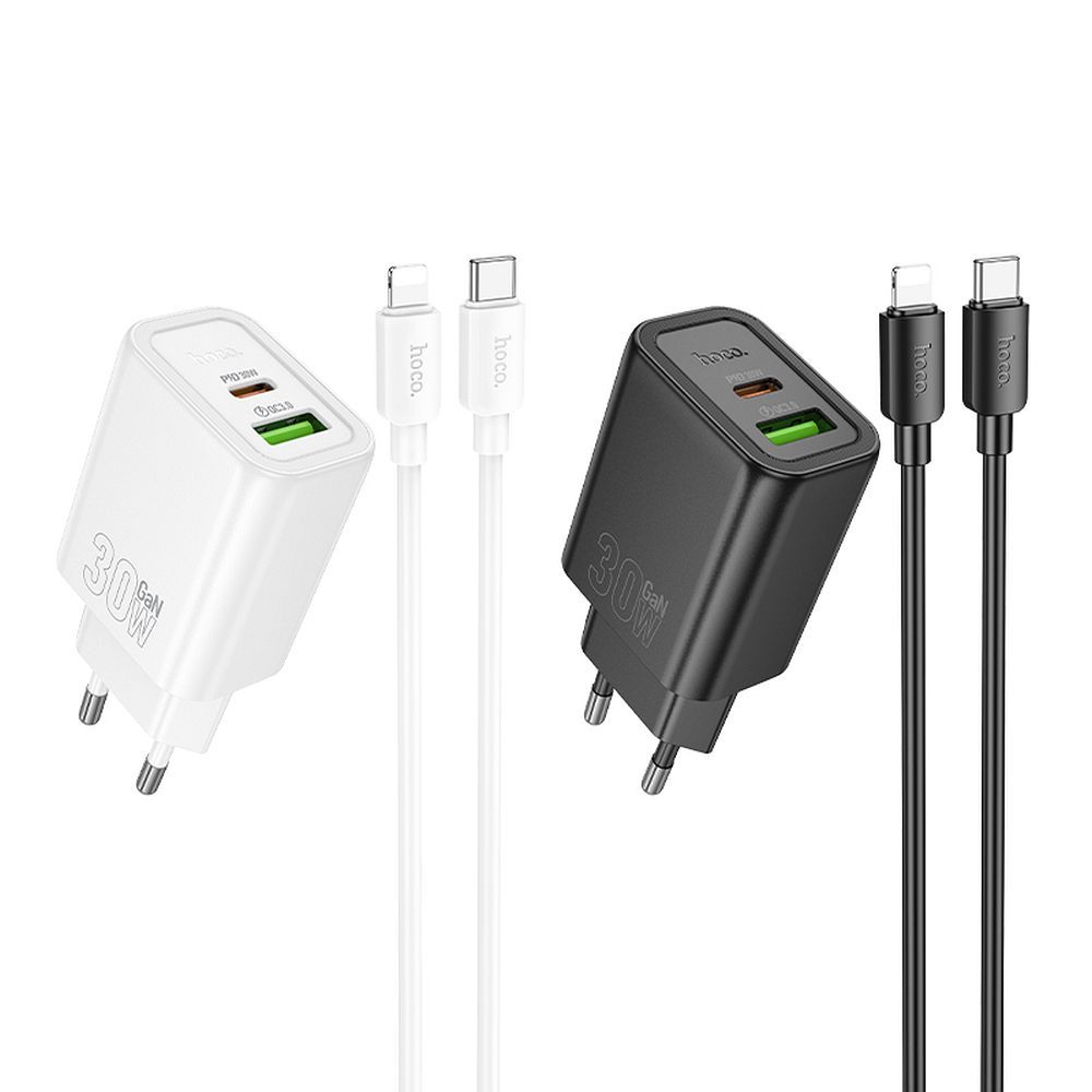Phone charger Hoco USB A + USB C QC3.0 PD 3A 30W + cable USB C to Lightning N63 black