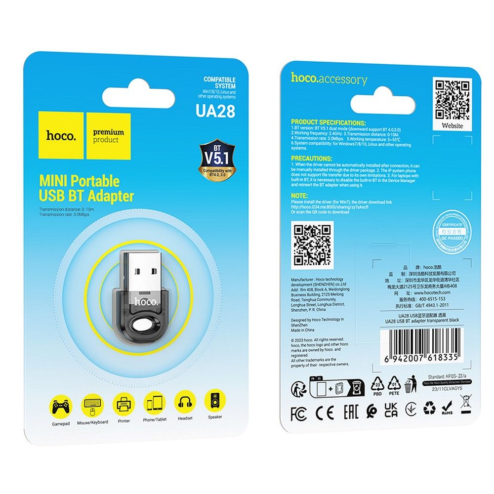 Hoco UA28 átlátszó fekete USB-A–Bluetooth átalakító