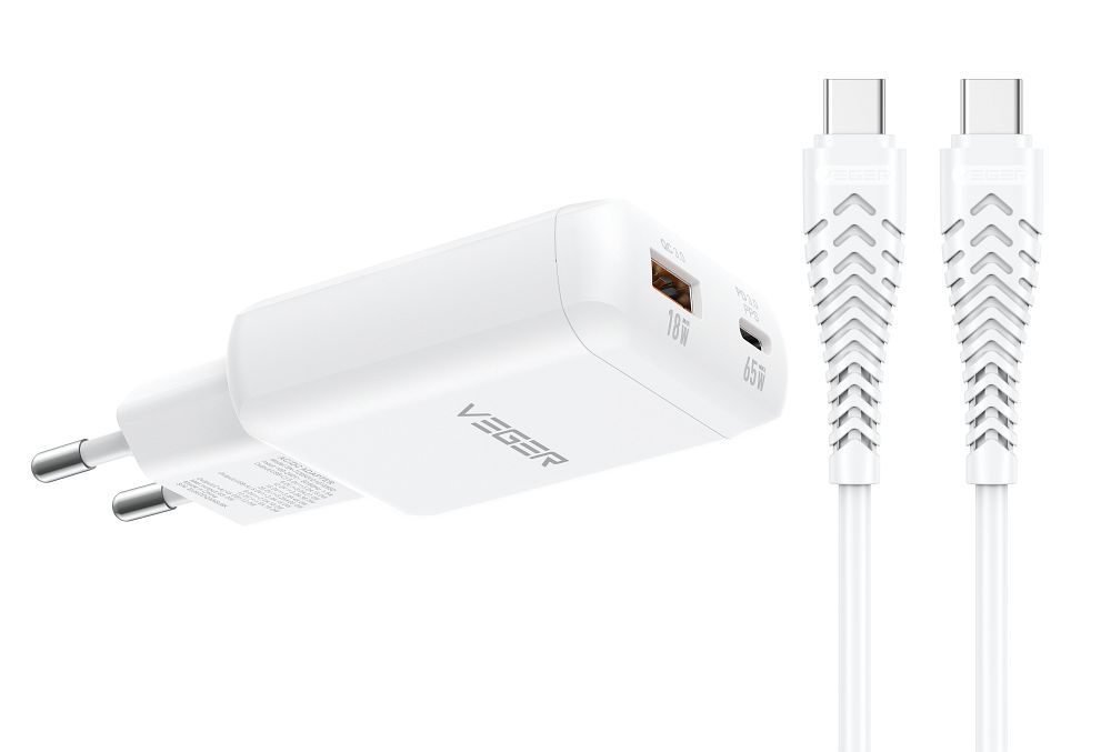 Phone charger USB A + Type C PD 65W + data cable Type C to C 100W VEGER TR122 white