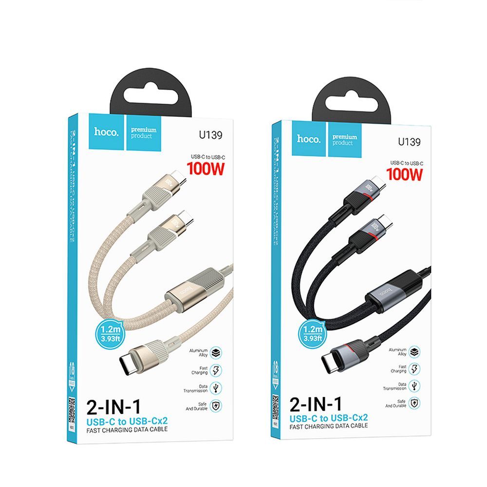 Kabel 2w1 USB C do USB C / USB C Hoco 5A 100W 1,2 m U139 złoty