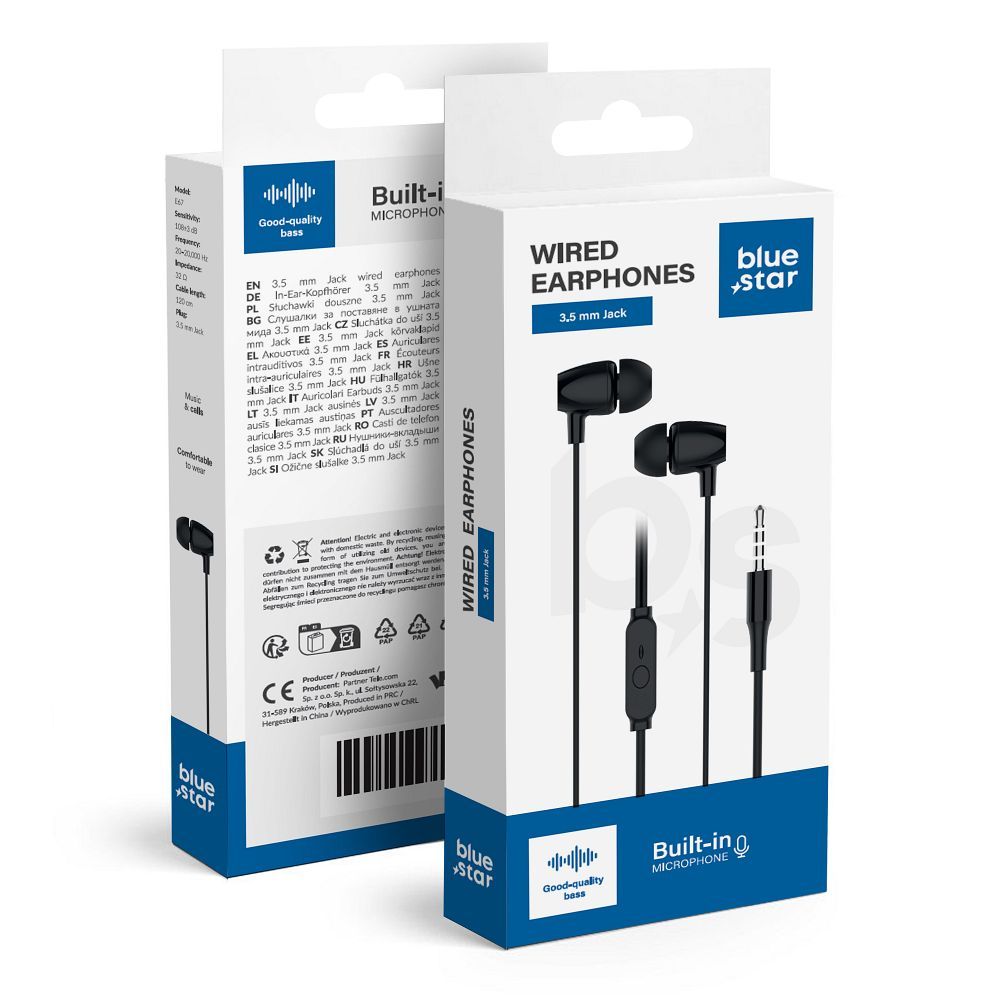 Wire earphones Jack 3.5mm Blue Star PA-E67 1.2m black