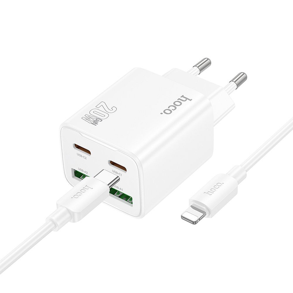 Phone charger Hoco 2 x USB C + 2 x USB A QC3.0 PD 3A 20W + cable USB C to Lightning N55 white