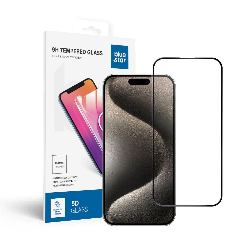 Edzett üveg Blue Star – APP iPhone 15 Pro 5D teljes fedél, fekete