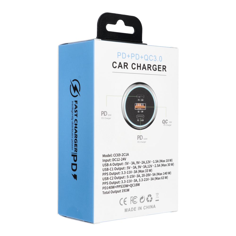 Ładowarka samochodowa USB A + 2 x Typ C PD QC3.0 3A 191W CC69-2C1A black