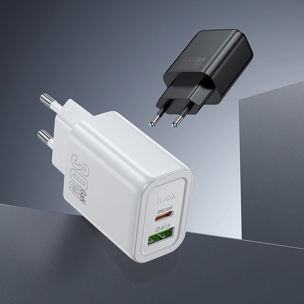 Phone charger Hoco USB A + USB C QC3.0 PD 3A 30W + cable USB C to Lightning N63 white