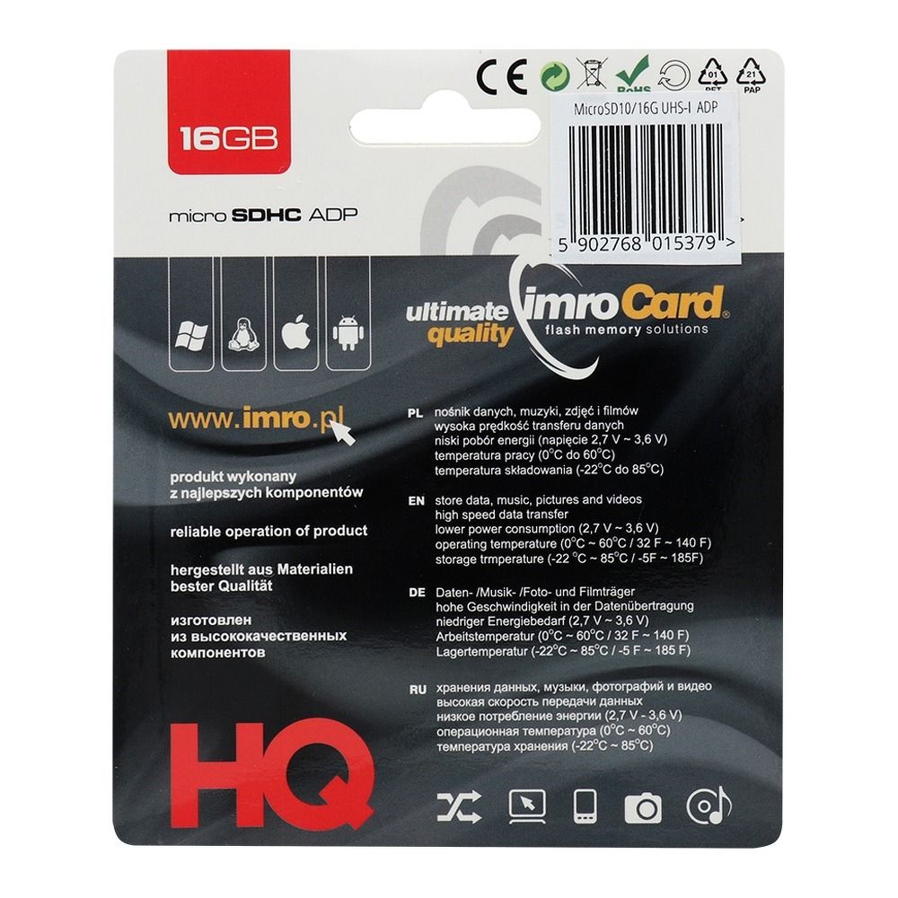 IMRO karta pamięci microSD 16GB 100MB/s class 10 UHS I z adapterem SD