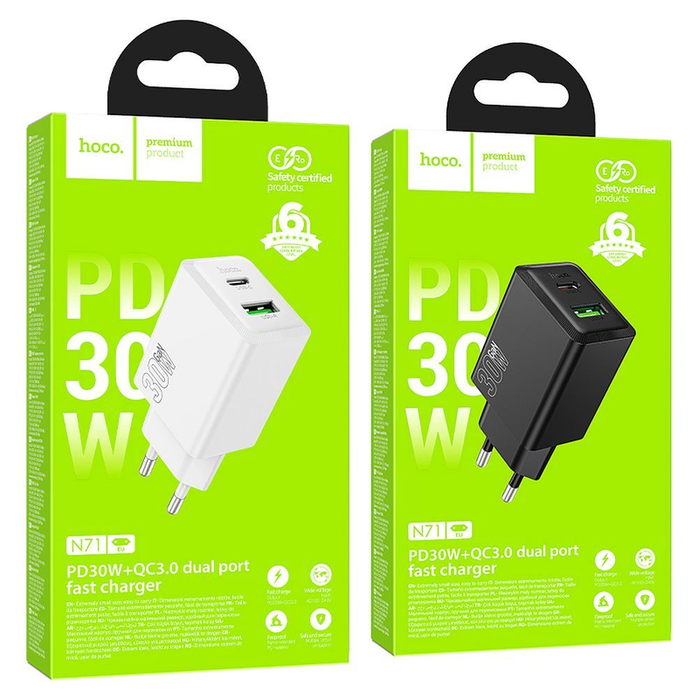 Phone charger Hoco USB A + USB C QC3.0 PD AFC 3A 30W N71 black