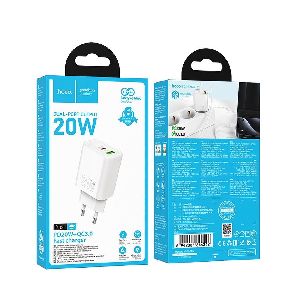 Phone charger Hoco USB A + USB C QC3.0 PD 3A 20W N61 black