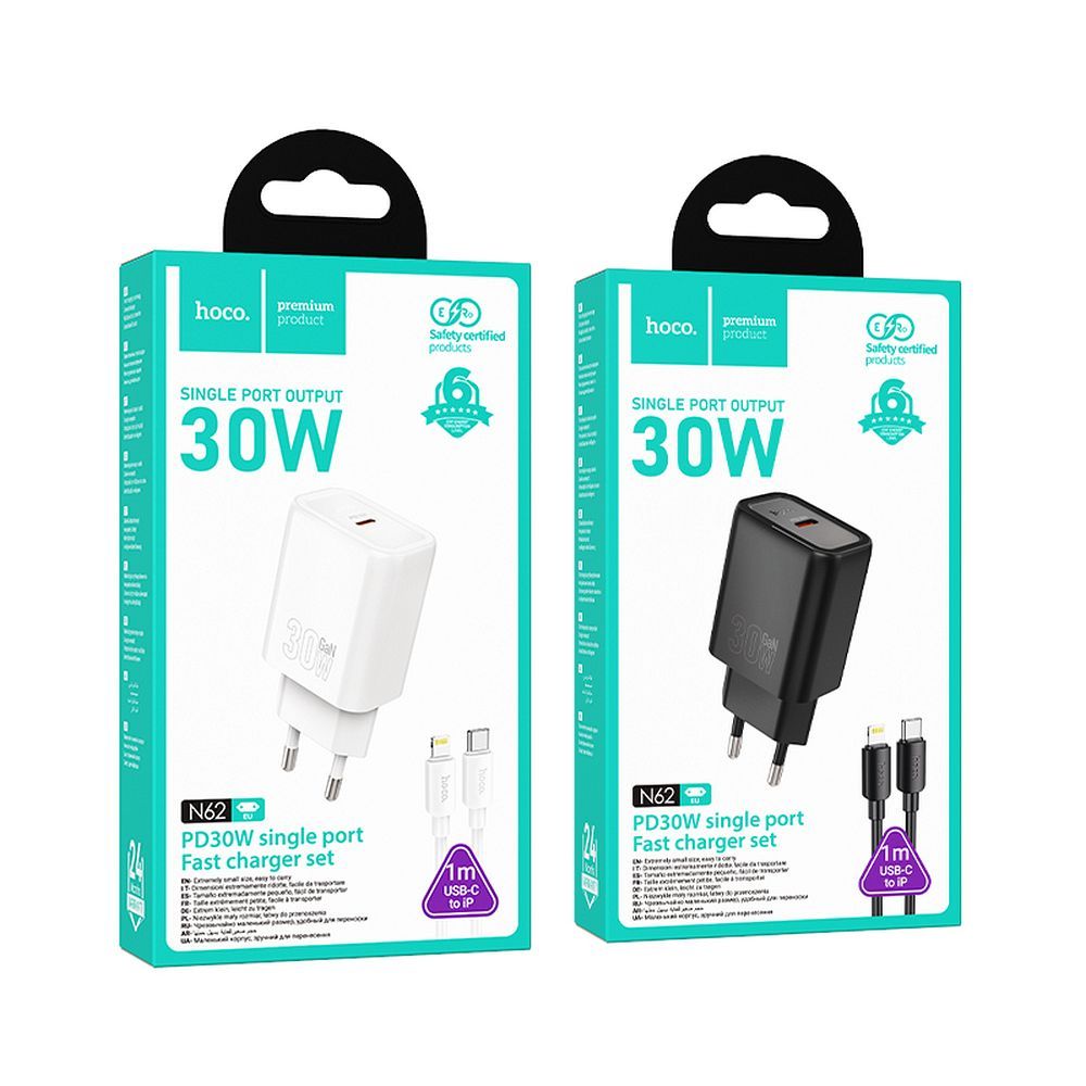 Phone charger Hoco USB C QC PD 30W + cable USB C to Lightning N62 black