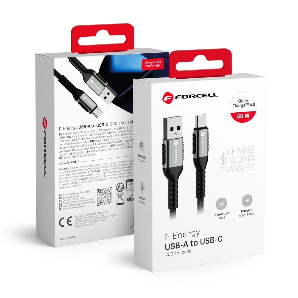 Forcell F-Energy Cafule kábel USB A - USB C QC4.0 3A 66W 2m C256 fekete