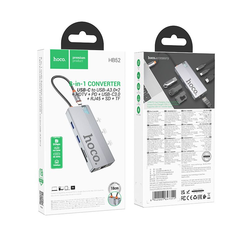 Adapter HUB 8w1 (HDTV+RJ45+SD/TF+PD+Type-C 3.0+USB 3.0 x 2) USB-C Hoco HB52 grey