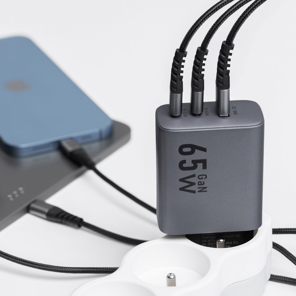 FORCELL F-ENERGY GaN VT-42B utazótöltő, 2 x Type-C + USB-A, PD, QC 4.0, 4 A, 65 W, szürke