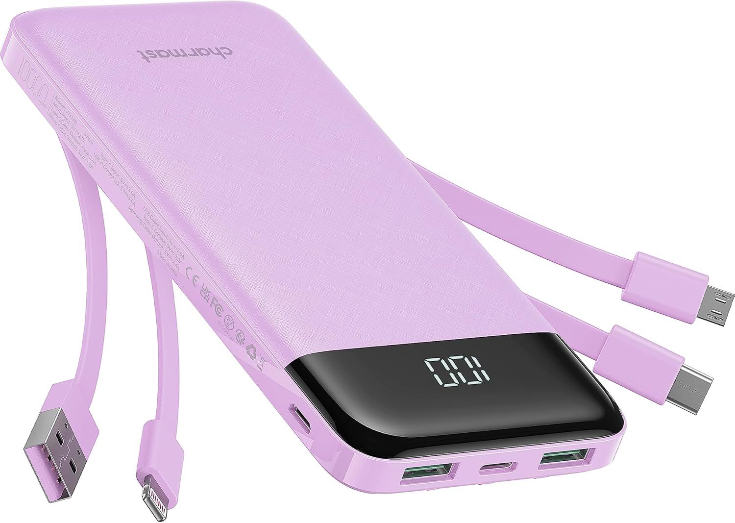 Powerbank 5V 3A 10000 mAh with built-in cables USB A / USB C / Lightning / Micro USB Charmast W1148 purple