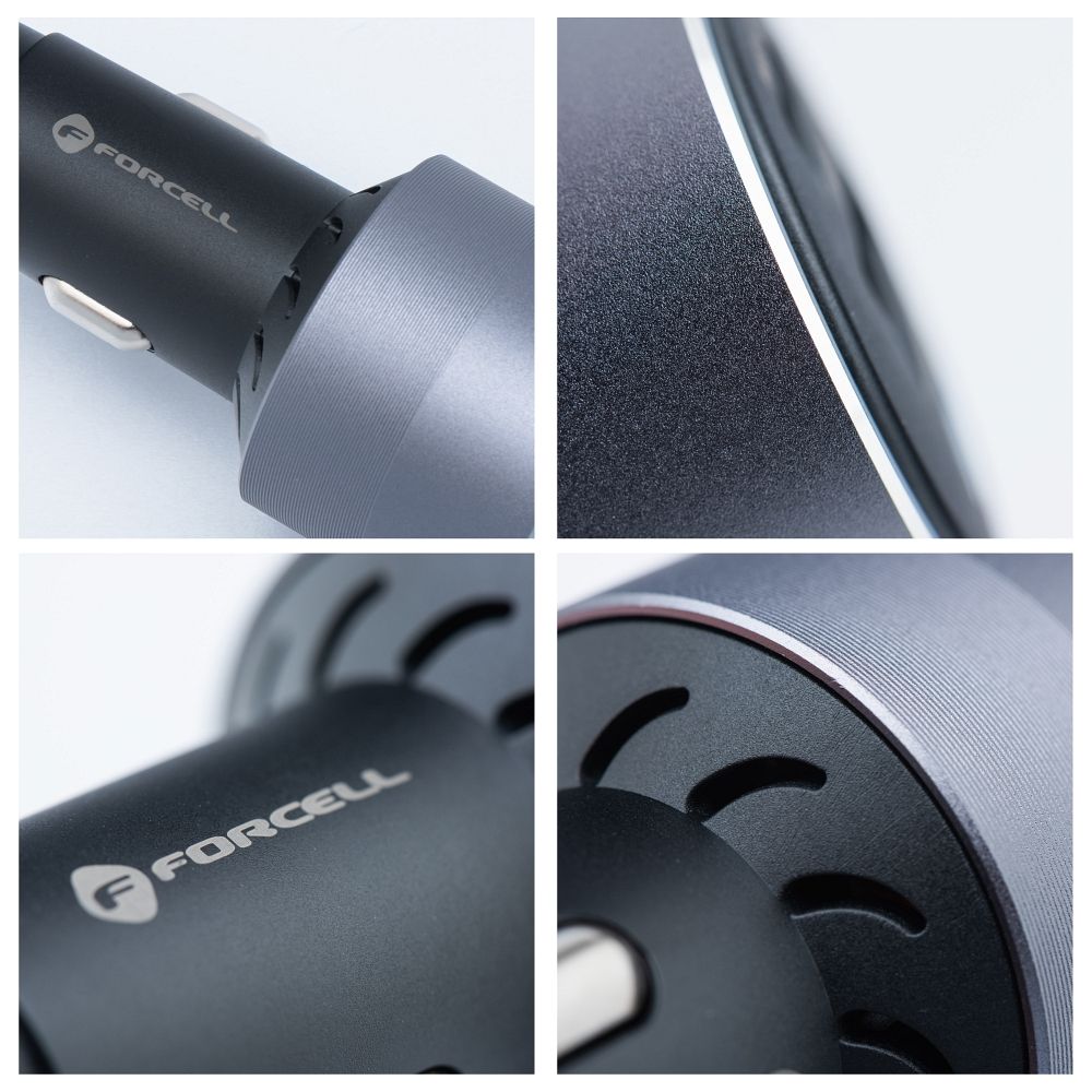 FORCELL F-ENERGY alumínium autós töltő, 2 x Type-C + USB-A, PD, QC 4.0, SFC 2.0, 4,5 A, 65 W, szürke