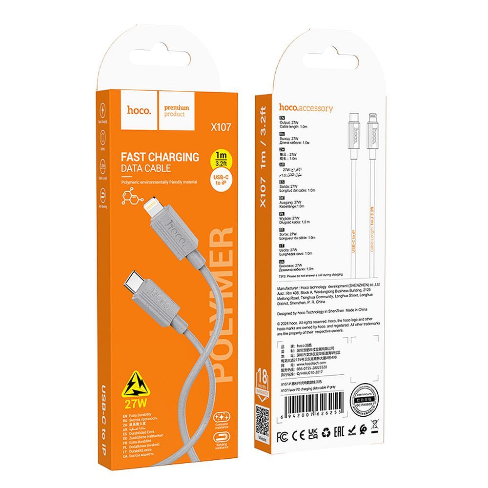 Kabel USB C do Lightning Hoco PD 27W 1 m X107 szary