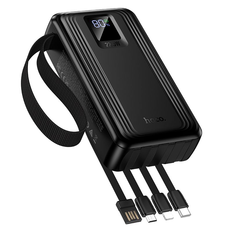 Powerbank 20000 mAh QC PD 22,5W with built-in cables USB A + USB C+ Lightning + Micro USB and two lights Hoco J173 black