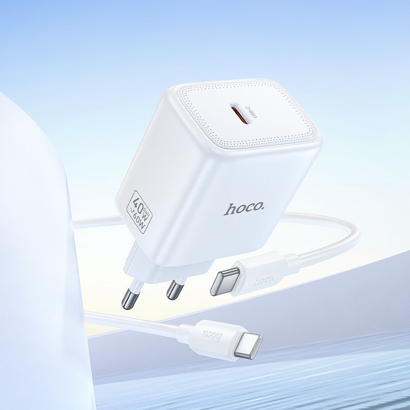 Phone GaN charger Hoco USB C PD AVS 40W max 60W with USB C to USB C cable N83 white