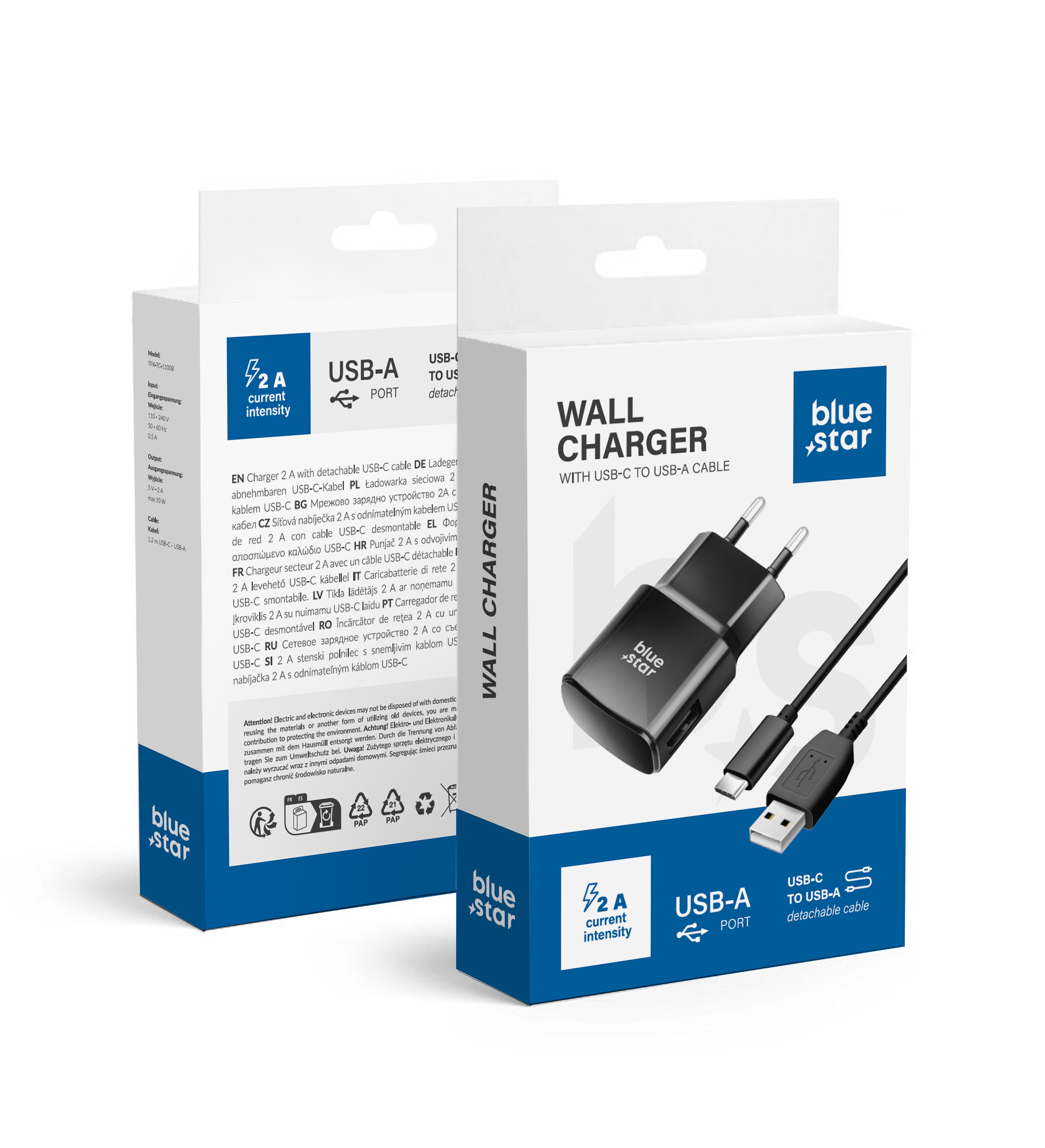 BLUE STAR utazó töltő 2 A, 10 W, USB-A + USB-A–Type-C kábel, TFK-TC-1100B, fekete