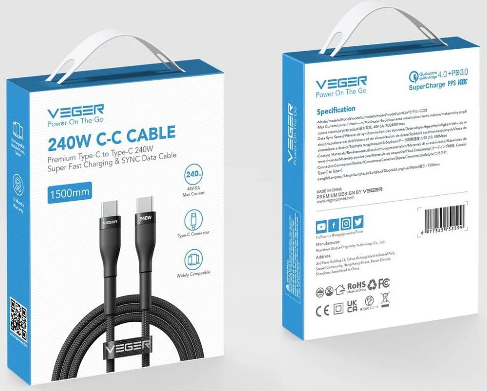 Cable Typ C to Typ C VEGER PD 5A 240W CC03 1,5 m black