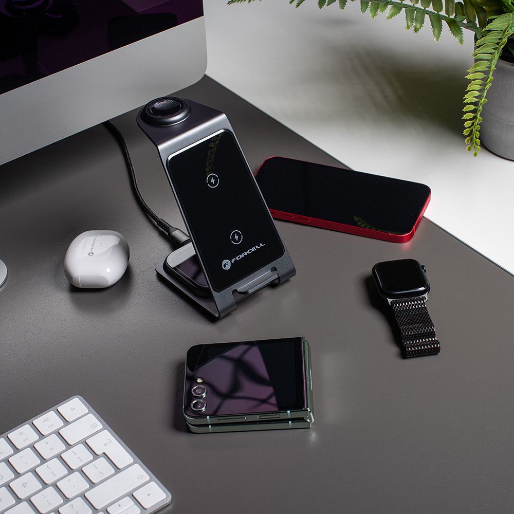 Wireless charger Forcell F-Energy 3in1 Simply Charge aluminium compatible with Apple Watch and Samsung Watch gray