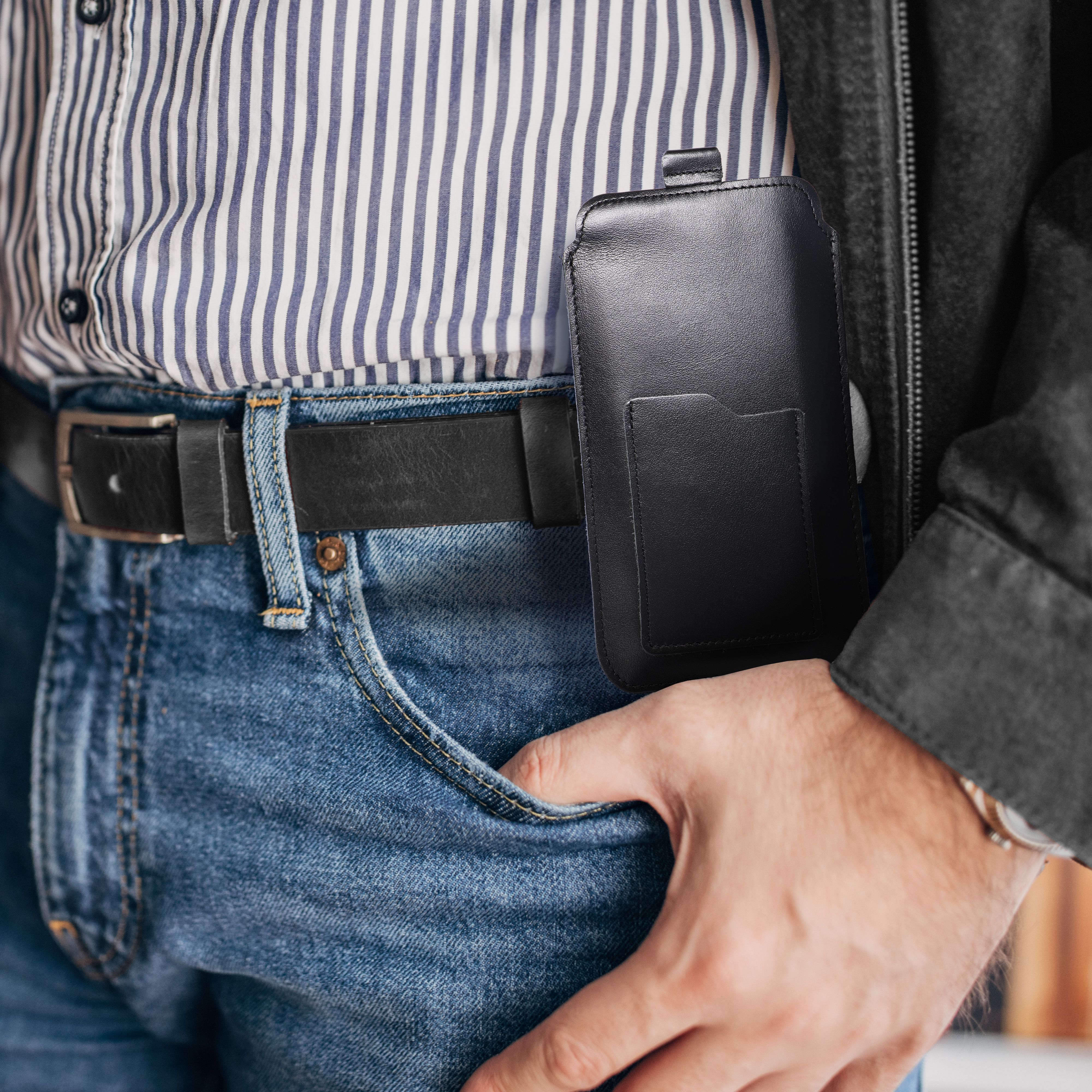 ROYAL - Leather universal blet pocket / black - Size 2XL+tall - SAMSUNG S21 ULTRA / HUAWEI P Smart 2021 / XIAOMI Redmi 12 / OPPO A98 5G