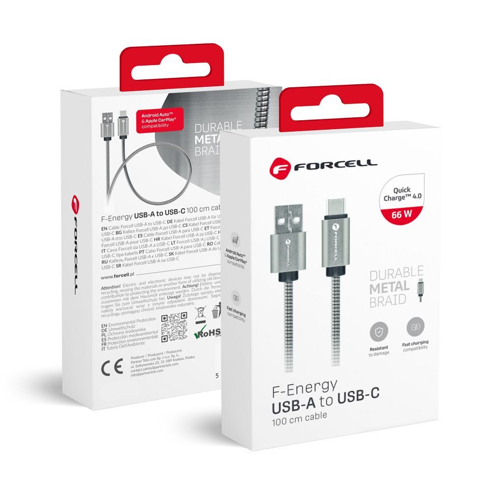 FORCELL F-ENERGY Metal C234 cable USB A to Type C QC3.0  2,4A 12W 1 m silver
