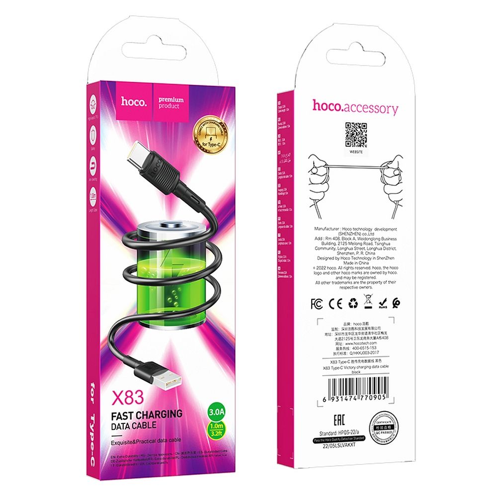 Kabel USB A do USB C Hoco 3A 1 m X83 czarny