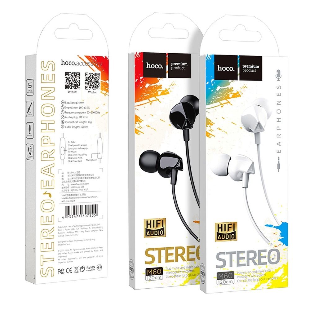 HOCO wire earphones Jack 3,5 mm with microphone M60 white