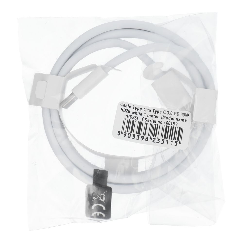C-típusú – C-típusú kábel, PD, QC3.0, 3 A, 30 W, HD26, 1 m, fehér