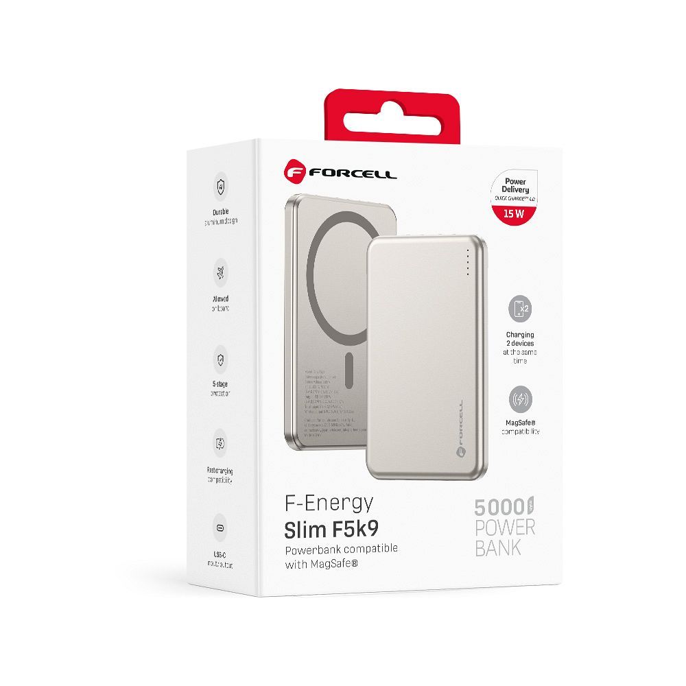 Powerbank compatible with MagSafe Forcell F-Energy Slim F5K9 QC4.0 PD3.0 15W 5000 mAh cloud dancer