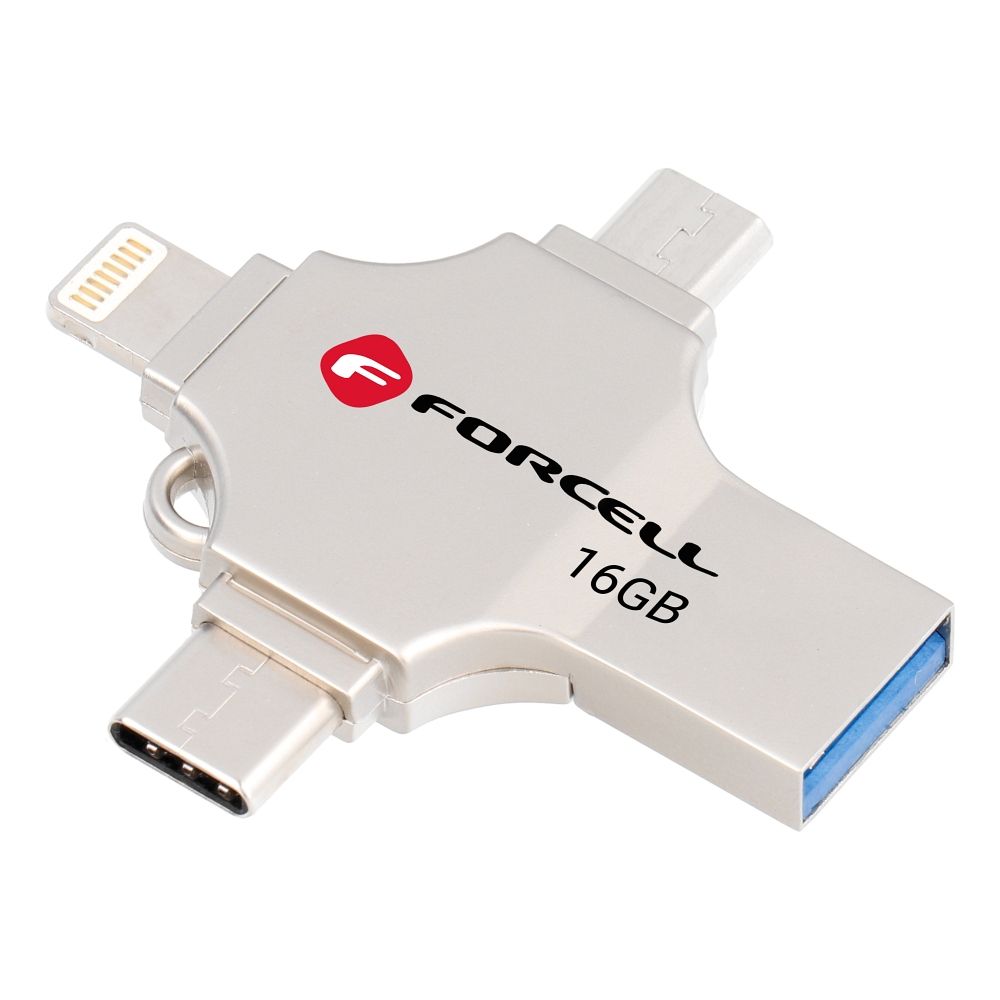 Pendrive 16GB USB 3.2 Gen 1 (USB A / USB C / Lightning / Micro USB) Forcell F-Data Metal Quad silver