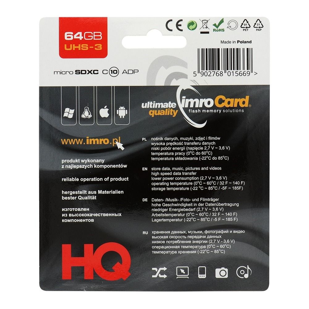 IMRO karta pamięci microSD 64GB 100MB/s class 10 UHS 3 z adapterem SD