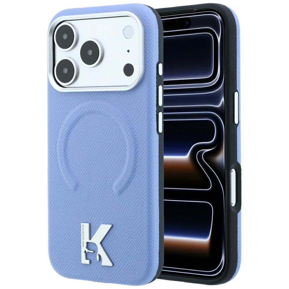 KARL LAGERFELD case for IPHONE 18 Pro/17 Pro compatible with MagSafe (Grained Embossed Ring & Kameo Logo) light blue