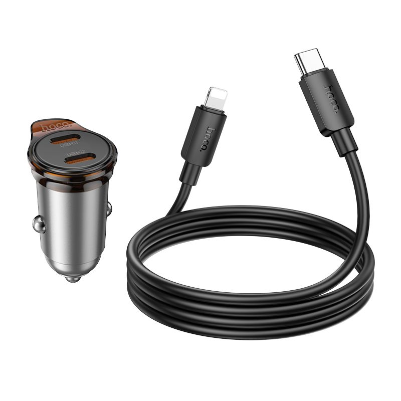 Car charger Hoco 2 x USB C QC PD 45W + cable USB C to Lightning NZ16B metal gray
