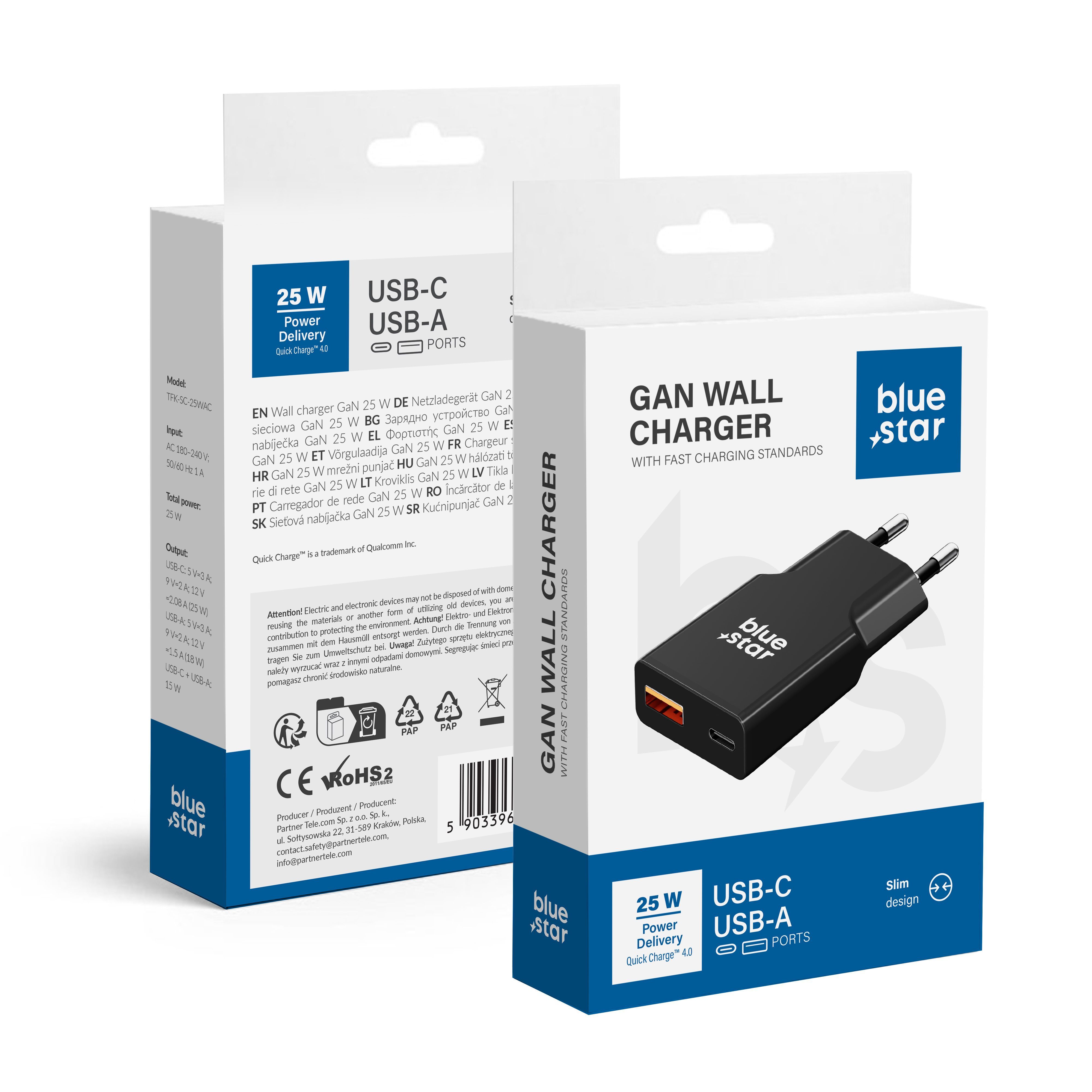 Blue Star Slim GaN töltő USB C + USB A QC4.0 PD 3A 25W TFK-SC-25WAC fekete