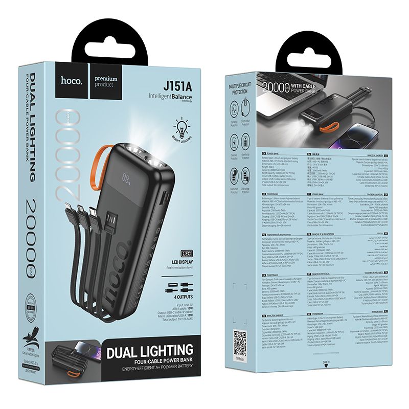 Powerbank Hoco 20000 mAh 2A with built-in cables USB A + USB C+ Lightning + Micro USB and double light J151A black