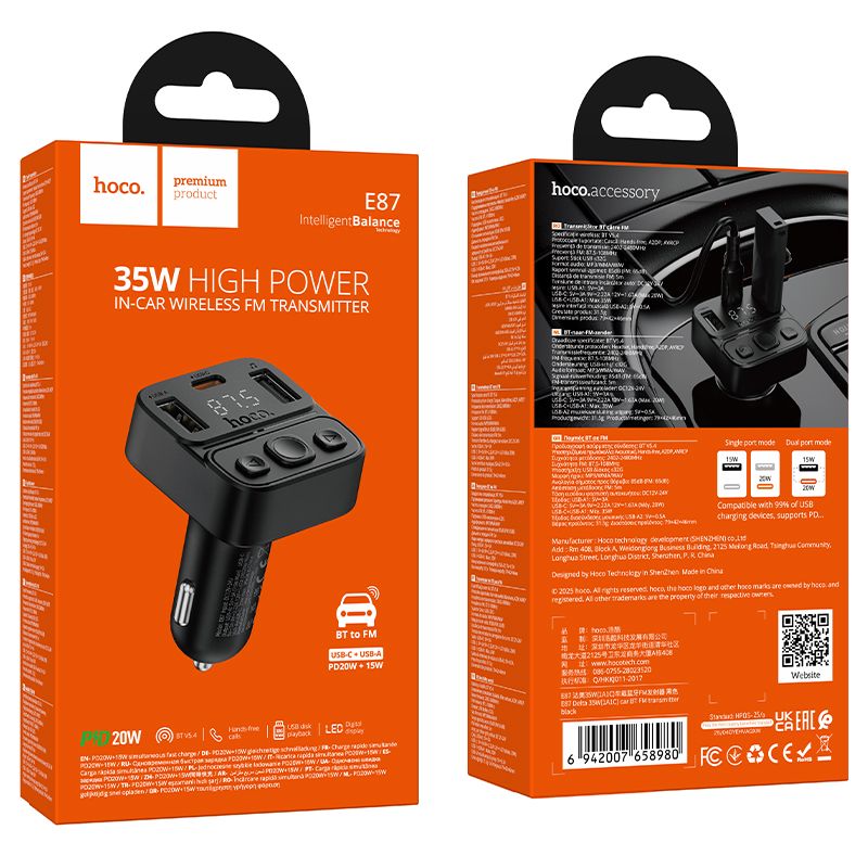 Car transmitter bluetooth Hoco USB A + USB C QC PD 35W E87 black
