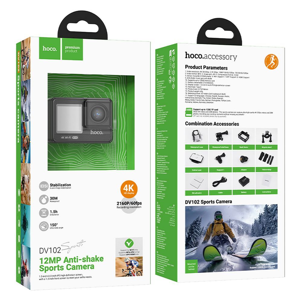 Sports camera Hoco with two screens 1,3" + 2" anti-shake IPS 4K/30fps DV102 black